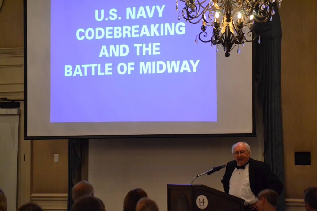 Author Elliot Carlson talked about U.S. Navy codebreaking efforts at the Battle of Midway. INHF Photo)
