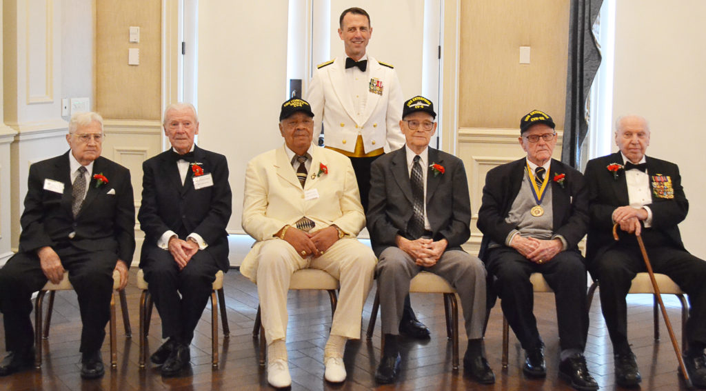 Admiral John Richardson, USN poses with Midway veterans, L to R:  Joe Miller, Hank Kudzik, Bill Fentress, Bill Norberg, Jack Crawford (USS Yorktown), and Earl Anderson (USS Yorktown). (NHF Photo)