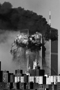 The Twin Towers following the impact of American Airlines Flight 11 and United Airlines Flight 175