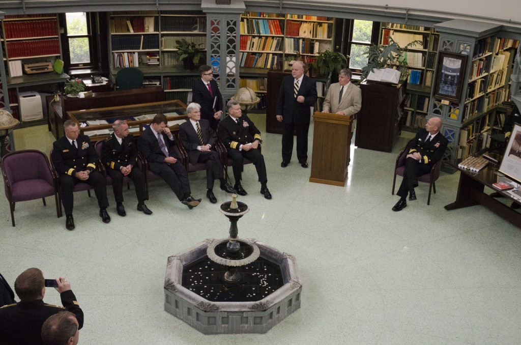 NHF Historian Dr. David Winkler (at the podium) addresses the U.S. and Russian Navy delegations during concluding ceremonies of the 40th Annual Incidents at Sea Agreement Review that was held at the Naval Observatory. U.S. Navy Photo.