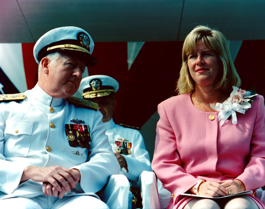 ADM DeMars chats with Tipper Gore at the 1994 christening of USS Greenville (SSN 772).