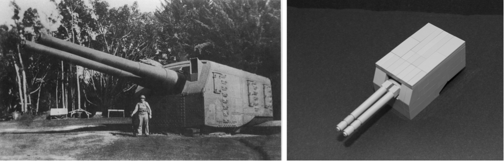 CAPTION: At left, USS Lexington 8-inch turret ashore on Oahu, 1942 (NHHC L-File). At right, my first (much too large!) LEGO gun turret design.