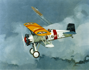 Boeing F4B-1 in flight, USS Lexington in the background. Painting by Peabody. NHHC image KN-25610.