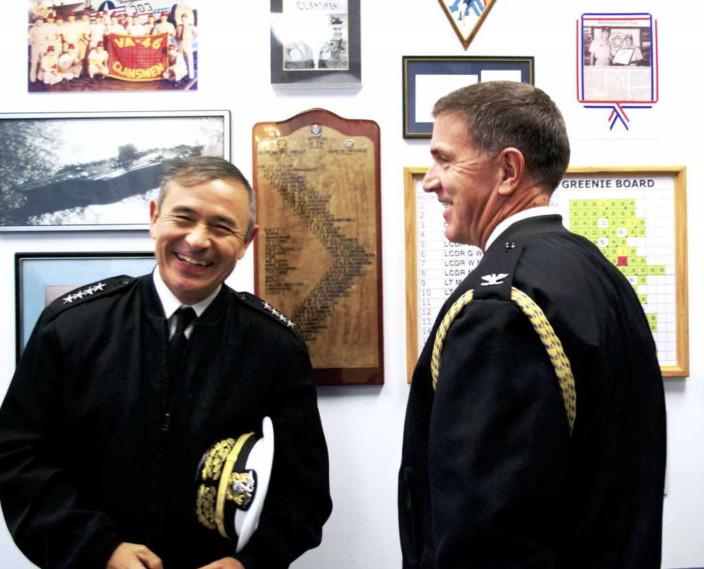 Admiral Harry Harris, USN and his Executive Assistant Captain Michael Boyle, USN share a laugh during their visit to the Cold War Gallery last week.