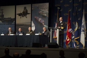 NATIONAL HARBOR, Md. (April 7, 2014) Chief of Naval Operations (CNO) Adm. Jonathan Greenert delivers remarks during the Navy League Sea-Air-Space Exposition on a service chief update panel. Greenert spoke about the Navy's ability to operate forward, mobility and readiness. (U.S. Navy photo by Chief Mass Communication Specialist Peter D. Lawlor/Released)