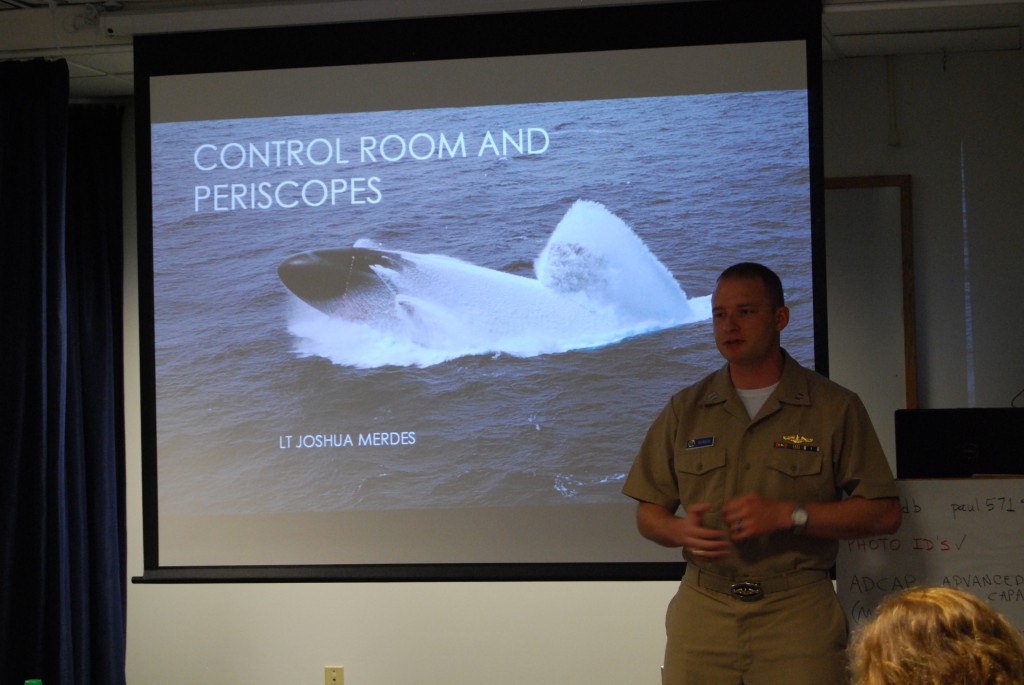 LT Josh Merdes teachers the STEM-H fellows about submarine control rooms and periscopes (NHF Photo by Matthew Eng)