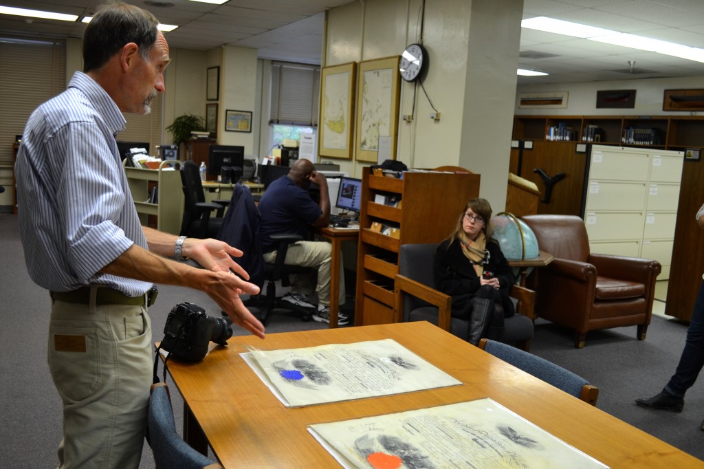 Ben Talman discusses his family history with NDL staff member Alexandra McCallen. (NHF Photo by Matthew Eng/Released)