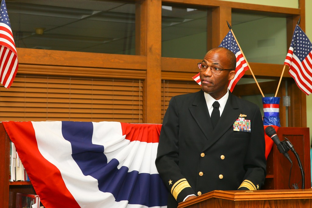 Rear Admiral Kelvin Dixon addresses those gathered to celebrate the legacy of ENTERPRISE