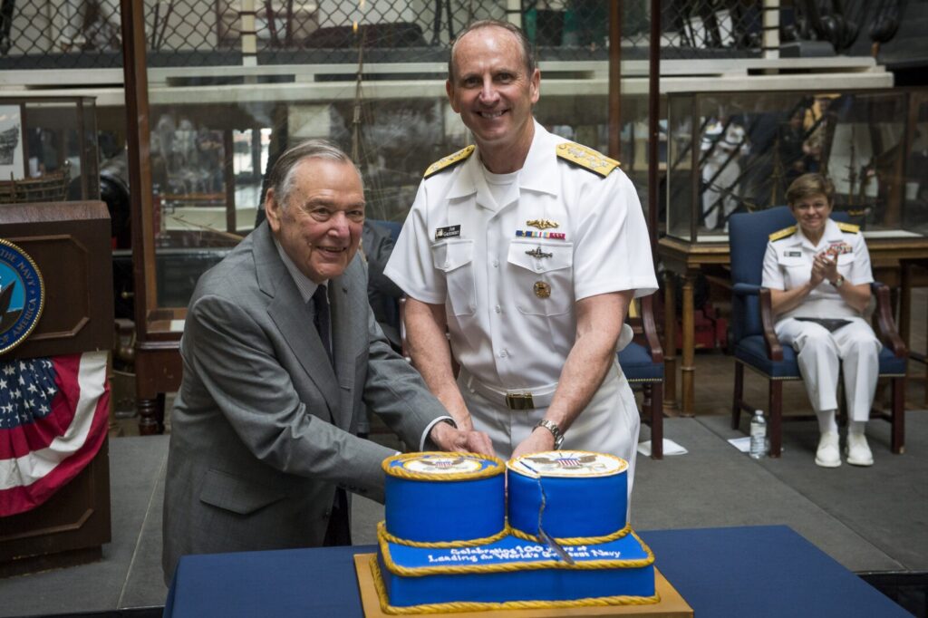 WASHINGTON (May 11, 2015) Chief of Naval Operations (CNO) Adm. Jonathan Greenert and retired Adm. James Holloway, former CNO, cut the cake during the centennial celebration for the office of the Chief of Naval Operations and Navy staff at the Washington Navy Yard. (U.S. Navy photo by Mass Communication Specialist 1st Class Nathan Laird/Released)