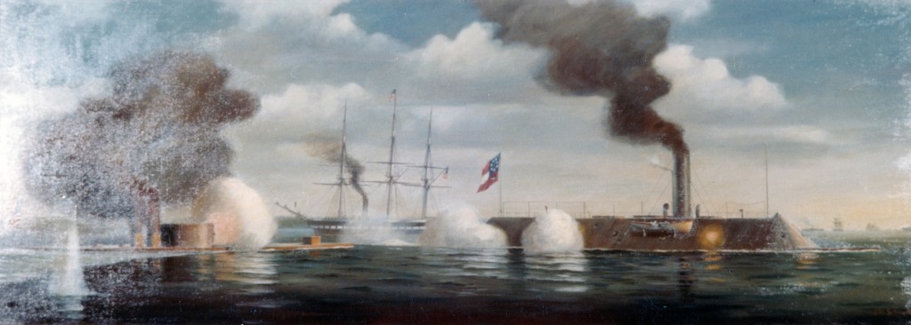 USS Monitor vs. CSS Virginia, 9 March 1862  Painting by Rear Admiral John W. Schmidt, USN(Retired), 1967-68, located at the Marine Midland National Bank, Troy, New York.  Courtesy of the Marine Midland National Bank.  U.S. Naval History and Heritage Command Photograph.