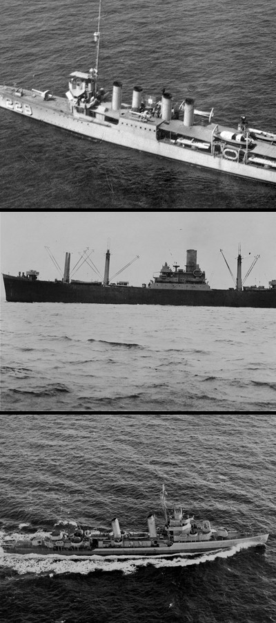 Pictured L to R, USS Truxtun (DD 229), USS Pollux (AKS 2), and USS Wilkes (DD 441)