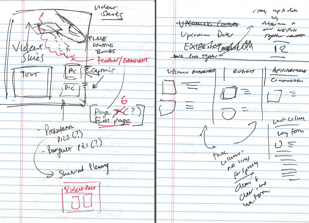 My scribbles for the design process of the Violent Skies page (left) and Upcoming Events page (right)