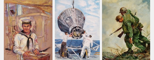 Select images from the NACAL Collection: Aboard the Libertad, by Cathy Evans Babcock; Gemini 5 Lift Off, by Luis Llorente; Bravo Company Wounded - DMZ, by Charles Waterhouse