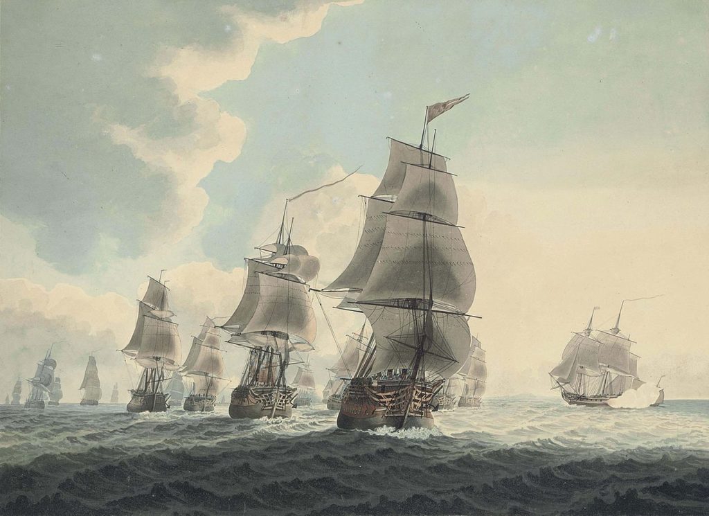 A squadron of the Royal Navy running down the Channel and An East Indiaman preparing to sail, by Samuel Atkins (Christies/Wikimedia Commons)