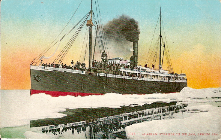 Figure 1:  SS SENATOR in an Alaskan ice floe, unused postcard. (USCS) 