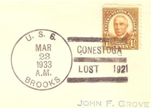 USS BROOKS commemorative cancel  for the loss of the CONESTOGA. Even President  Harding seems to have a sad countenance. 