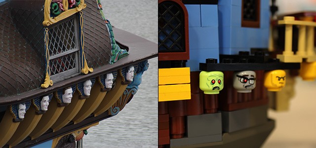 The "Angel Faces" of Kalmar Nyckel in real life and in LEGO form. (NHF Photo/Matthew Eng/Released)