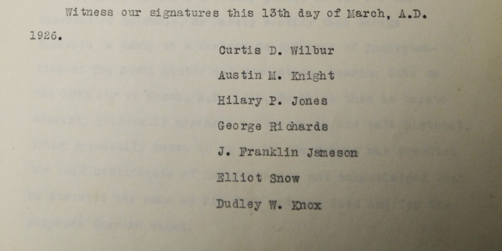 The original seven signee of the Naval Historical Foundation certificate of incorporation typed from the first meeting minutes on 23 March 1926. (NHF photo)