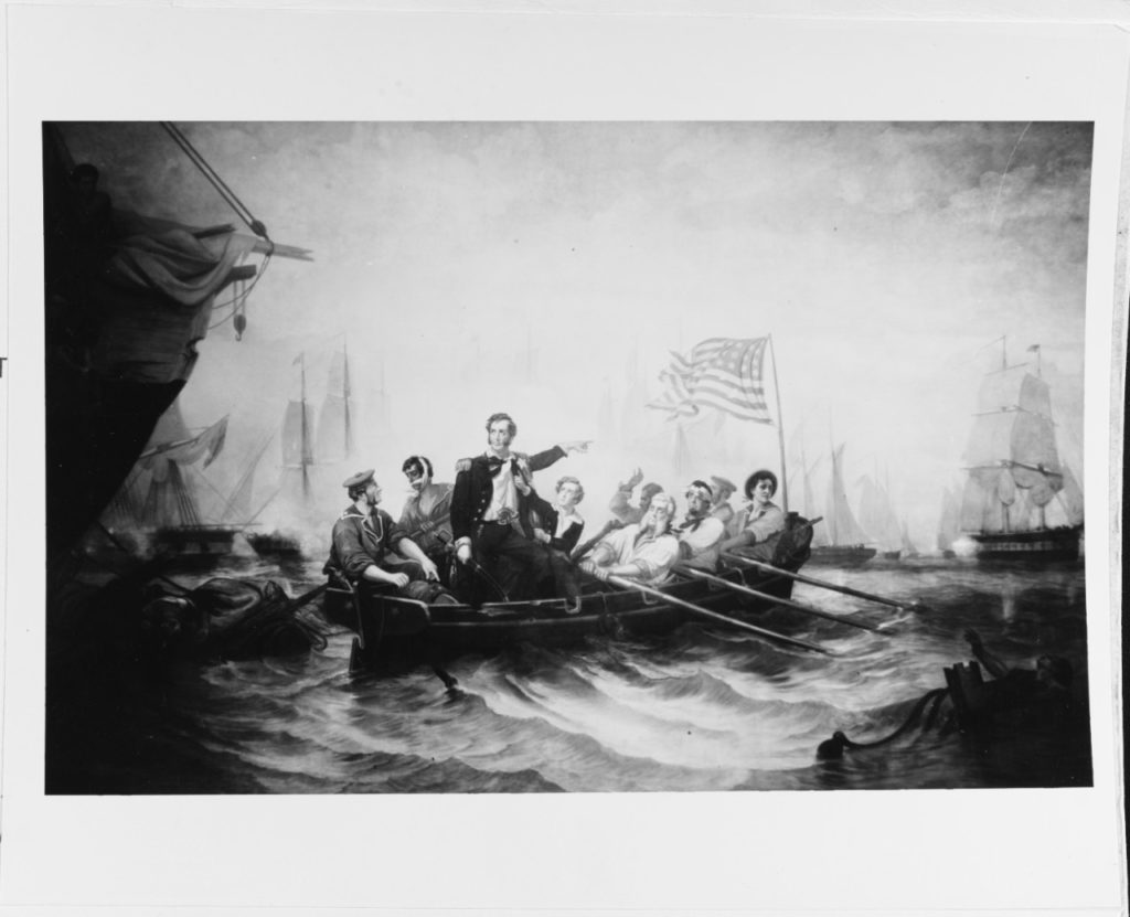 Painting by William H. Powell, depicting Commodore Oliver Hazard Perry transferring his flag from the disabled U.S. Brig Lawrence to the U.S. Brig Niagara, at the height of the action. (NHHC Photo $# KN-621)