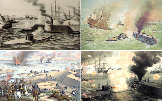 Many of the paintings depicting the battle tend to summarize the entirety of the two-day battle in one image, showing the destruction of Cumberland alongside the duel between ironclads. The more realistic paintings show the two ironclads in pitched battle with the surrounding sailors and soldiers watching them in the middle of the water in what Craig Symonds compared to an "amphitheater" akin to the Roman Coliseum. 
