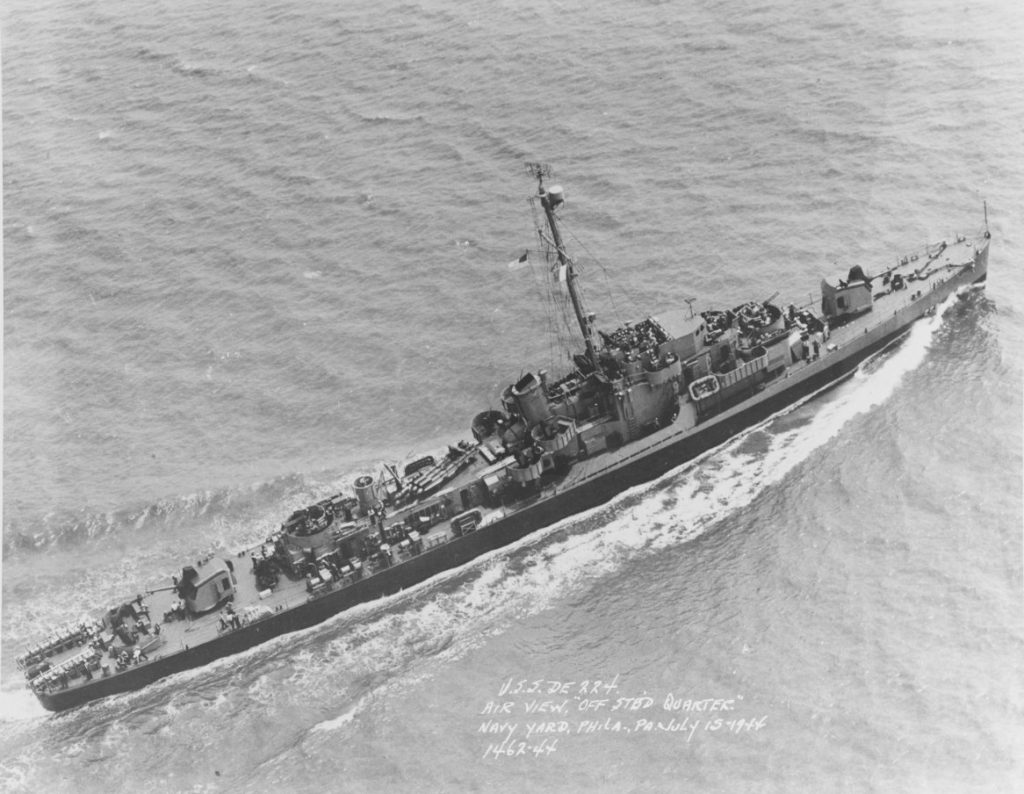 USS RUDDEROW (DE-224) off the Philadelphia Navy Yard, 15 July 1944. (NHHC/Natl Archives Photo # 19-N-69262)