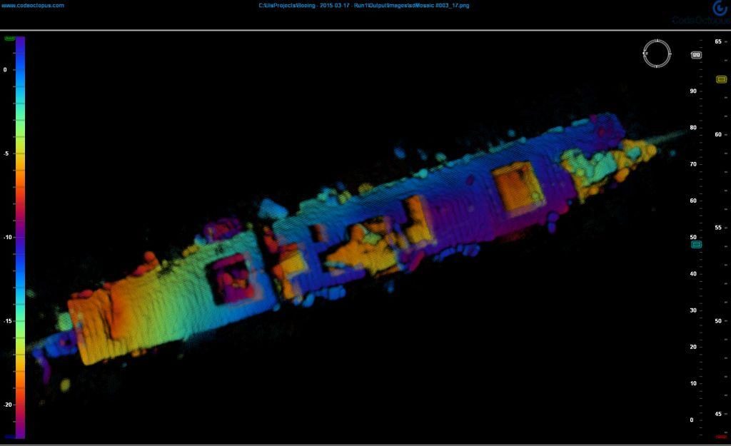 3D Side Scan Sonar image of the Independence on the bottom, roughly 2,700 feet down off Half Moon Bay CA from the joint mission (Navy, NOAA, Boeing, Coda Octopus) in 2015. The bow on the left side. (Image courtesy of Coda Octopus & NOAA)